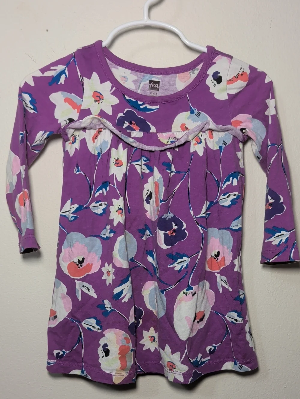 Tea Collection Floral Dress Purple White Long Sleeve 100% Cotton Girl 12-18M